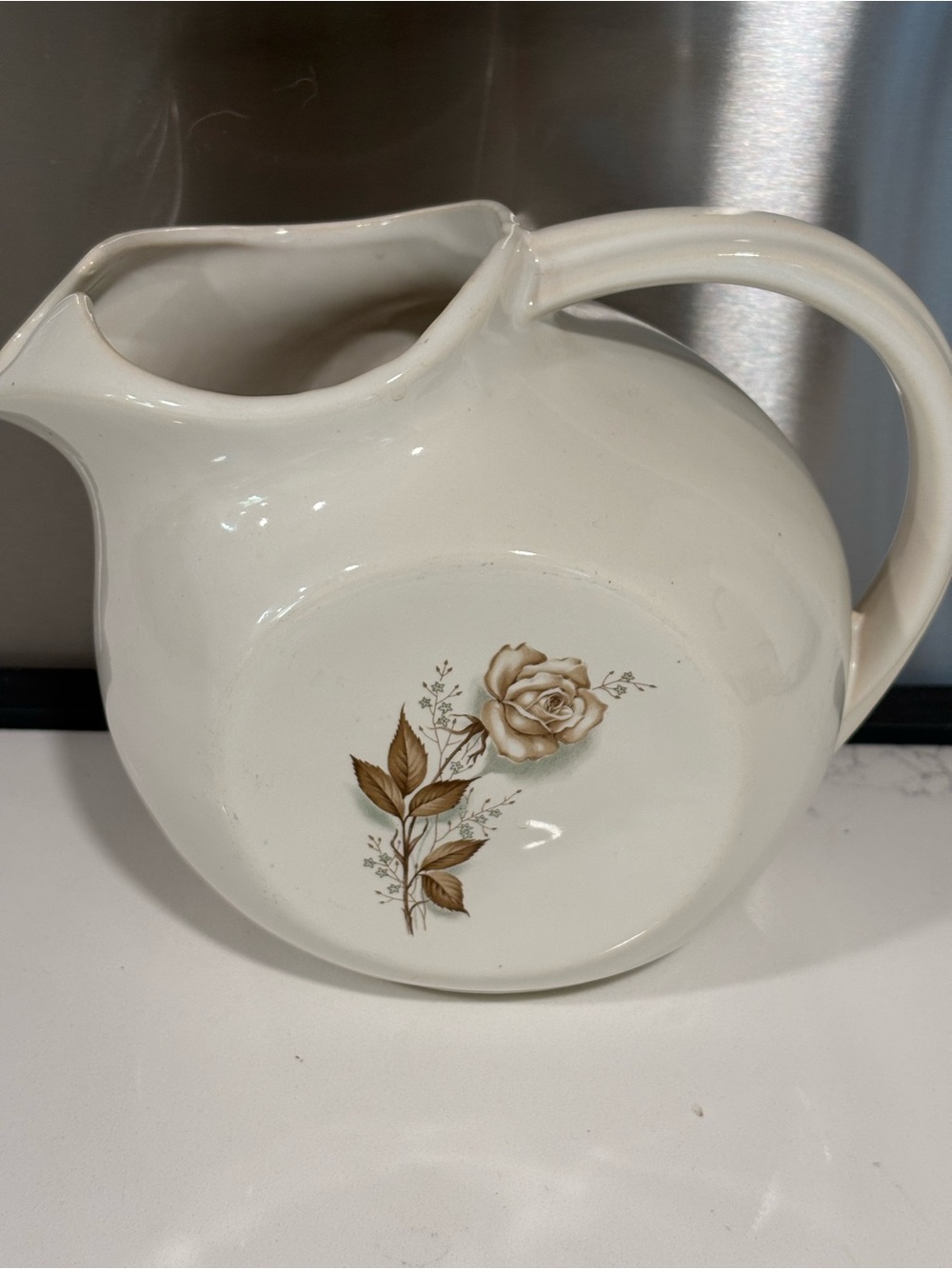 Mccoy White Ceramic Pitcher with Brown Floral Rose